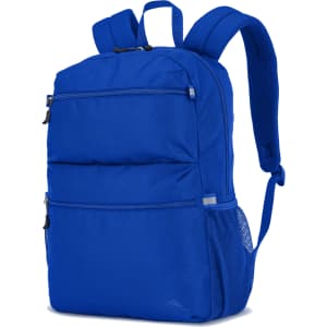 A blue backpack featuring multiple zippered compartments and mesh side pockets, with padded shoulder straps.