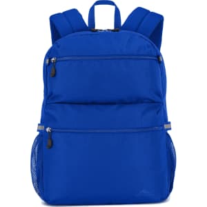 A blue backpack with multiple zippered compartments and mesh side pockets. Features padded shoulder straps and a logo.
