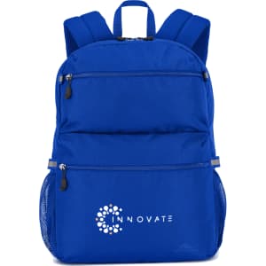 A blue High Sierra Everclass Backpack with multiple compartments and a mesh side pocket features a logo on the front.