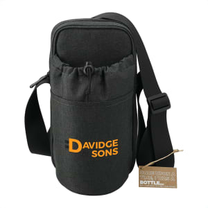 A drink bottle cooler in black fabric with an adjustable strap and a pouch, featuring a logo on the front.