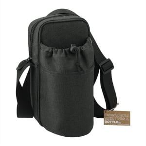 A drink bottle cooler in dark grey with an adjustable strap and a front pouch, featuring a logo.