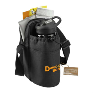 A drink bottle in a black adjustable cooler sling bag, featuring a pouch and a logo.