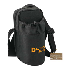 A drink bottle cooler in black fabric, featuring an adjustable strap and a pouch, with a logo on the front.