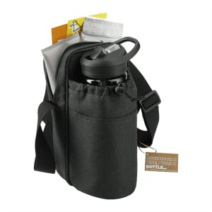 A drink bottle in a dark grey adjustable cooler bag with a pouch, featuring a shoulder strap.
