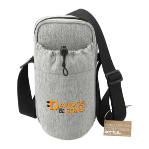A drink bottle cooler in grey fabric with an adjustable strap and a pouch. Features a logo on the front.