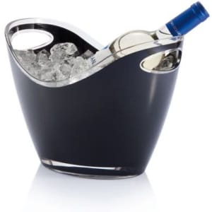 A black ice bucket filled with ice and a bottle of wine, featuring silver handles and a polished finish.