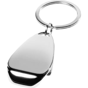 A drink bottle opener keyring in a shiny silver finish, featuring a circular keyring attachment and a sleek design.