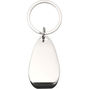 A drink bottle opener keyring in a silver, sleek design with a round keyring attachment.