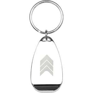 A drink bottle opener keyring in silver with a distinctive logo, featuring a smooth, rounded design.