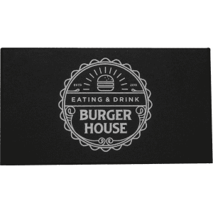 A rectangular black menu cover featuring a circular logo with the text "Burger House" and decorative elements.
