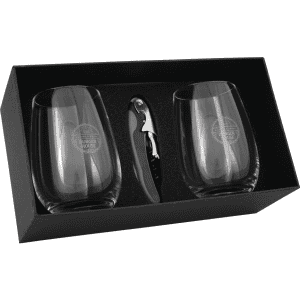 A wine glass set featuring two elegant black glasses and a corkscrew, presented in a stylish box.