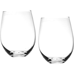 A set of two clear glass wine glasses, each with a rounded shape and a sturdy base. They feature a logo.
