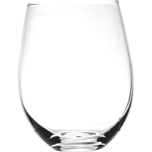 A clear glass wine glass with a curved shape, ideal for enjoying beverages, featuring a simple design.