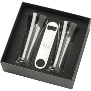 A Pilsner beer glass set featuring two clear glasses and a bottle opener, all presented in a sleek black box.