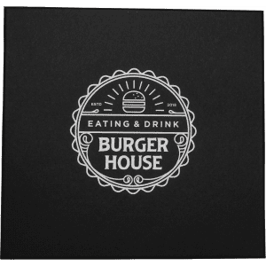 A black menu cover featuring a circular logo with white text and a burger illustration.