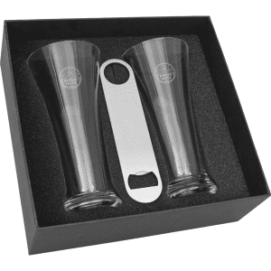 A Pilsner beer glass set featuring two clear glasses and a stainless steel bottle opener, all presented in a black box.