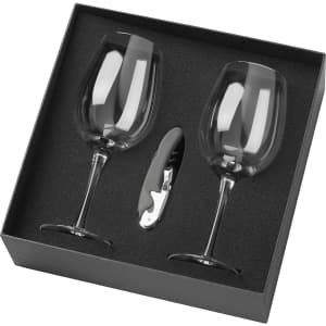 A wine glass set featuring two clear 430ml glasses and a corkscrew, presented in a sleek black box.