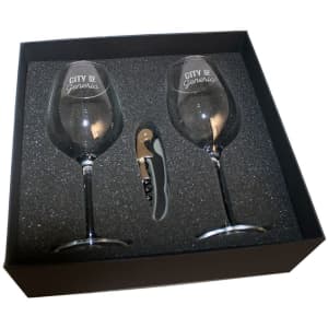 A wine glass set featuring two 430ml clear glasses and a corkscrew, presented in a black box with a textured insert.