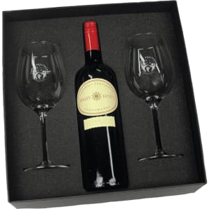 A wine gift box featuring a red wine bottle and two crystal wine glasses, all set in a black foam insert.