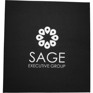 A square black wine box featuring a logo and the name "SAGE EXECUTIVE GROUP" in white text.