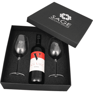 A wine box featuring a bottle of Shiraz and two stemmed glasses, all presented in a black gift box with a logo.