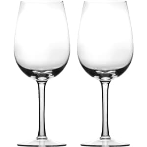 Two clear glass wine glasses with elegant stems, designed for serving wine.