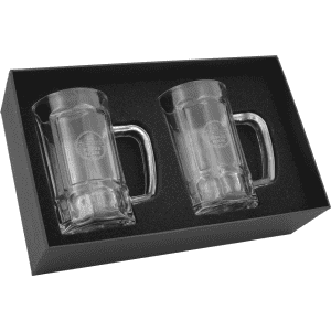 A set of two clear glass Bavarian beer mugs, packaged in a black gift box, featuring a logo.