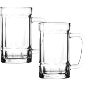 A set of two clear glass beer mugs, each with a sturdy handle and traditional design.