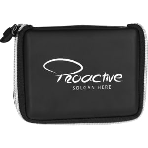 A black travel set case with a zip closure, featuring a logo on the front.