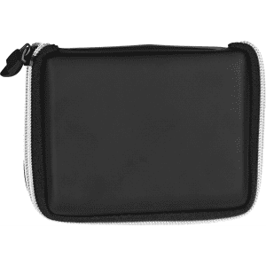 A black travel set case with a zip closure, designed for storing luggage tags and other travel essentials.