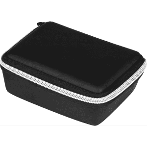 A black travel set case with a zip closure and a padded exterior. It features a subtle branding logo.