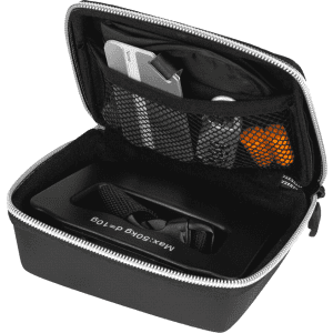 A black zippered travel set case containing various travel accessories, including a drink bottle, tools, and organisation pockets.