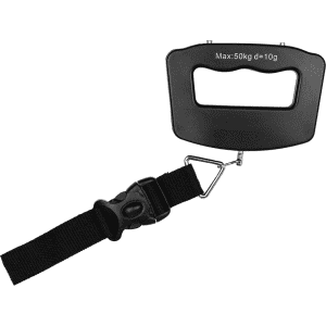 A black luggage scale with a handle and a strap, featuring a hook for attaching to luggage.