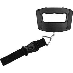 A black luggage scale with a handle and a strap attached, featuring a metal clip for securing bags.