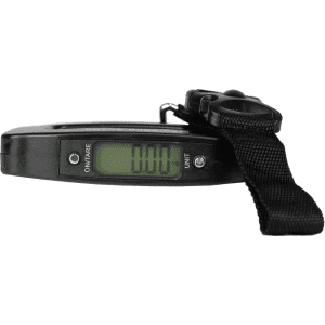 A black digital luggage scale with a strap and an LCD display showing weight measurement.