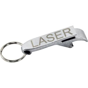 A drink bottle opener keyring in silver metal, featuring a simple design and a logo.