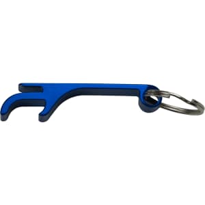 A blue aluminium bottle and can opener with a keyring attached.