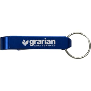 A blue aluminium can opener with a keyring attachment and a logo.