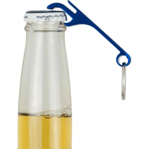 A drink bottle with a blue aluminium bottle and can opener attached. The opener has a keyring for easy carrying.