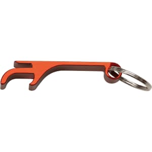 A red aluminium bottle and can opener with a keyring attachment. It features a simple, functional design.