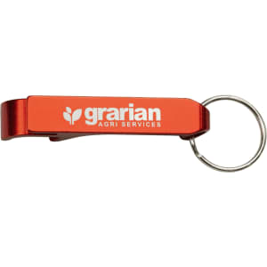 An aluminium bottle can opener in vibrant red, featuring a keyring attachment and a logo.