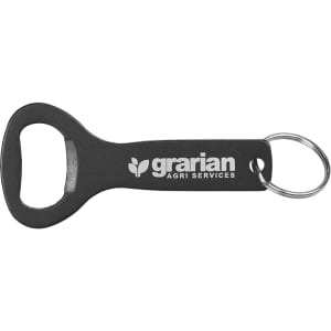 A drink bottle opener key ring in black with a metallic opener, featuring a logo on the handle.
