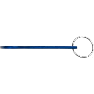 A drink bottle opener key ring in bright blue with a silver ring, featuring a logo.