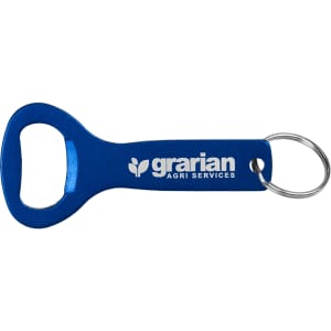 A drink bottle opener key ring in blue with a silver key ring and a logo on the handle.