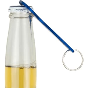 A drink bottle with a clear body, containing yellow liquid, and a blue aluminum bottle opener key ring attached.
