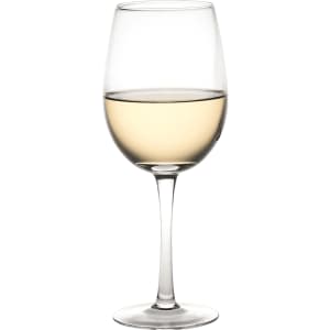 A wine glass with a clear design, holding white wine, featuring a slight curve at the top and a slender stem.