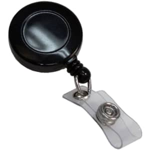 A black retractable badge holder with a clear attachment clip for secure fastening. It features a glossy surface.
