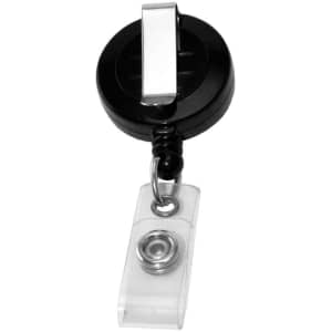 A black retractable badge holder with a silver clip and transparent badge reel attachment.