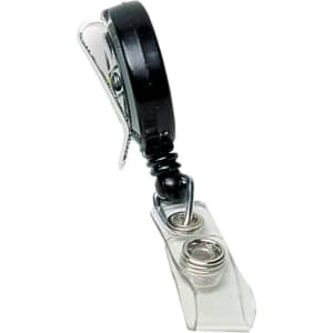 A black retractable badge holder with a clear reel attachment and a metal clip.