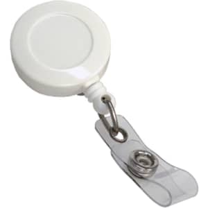 A white retractable badge holder with a clear clip attachment for securing badges or cards.
